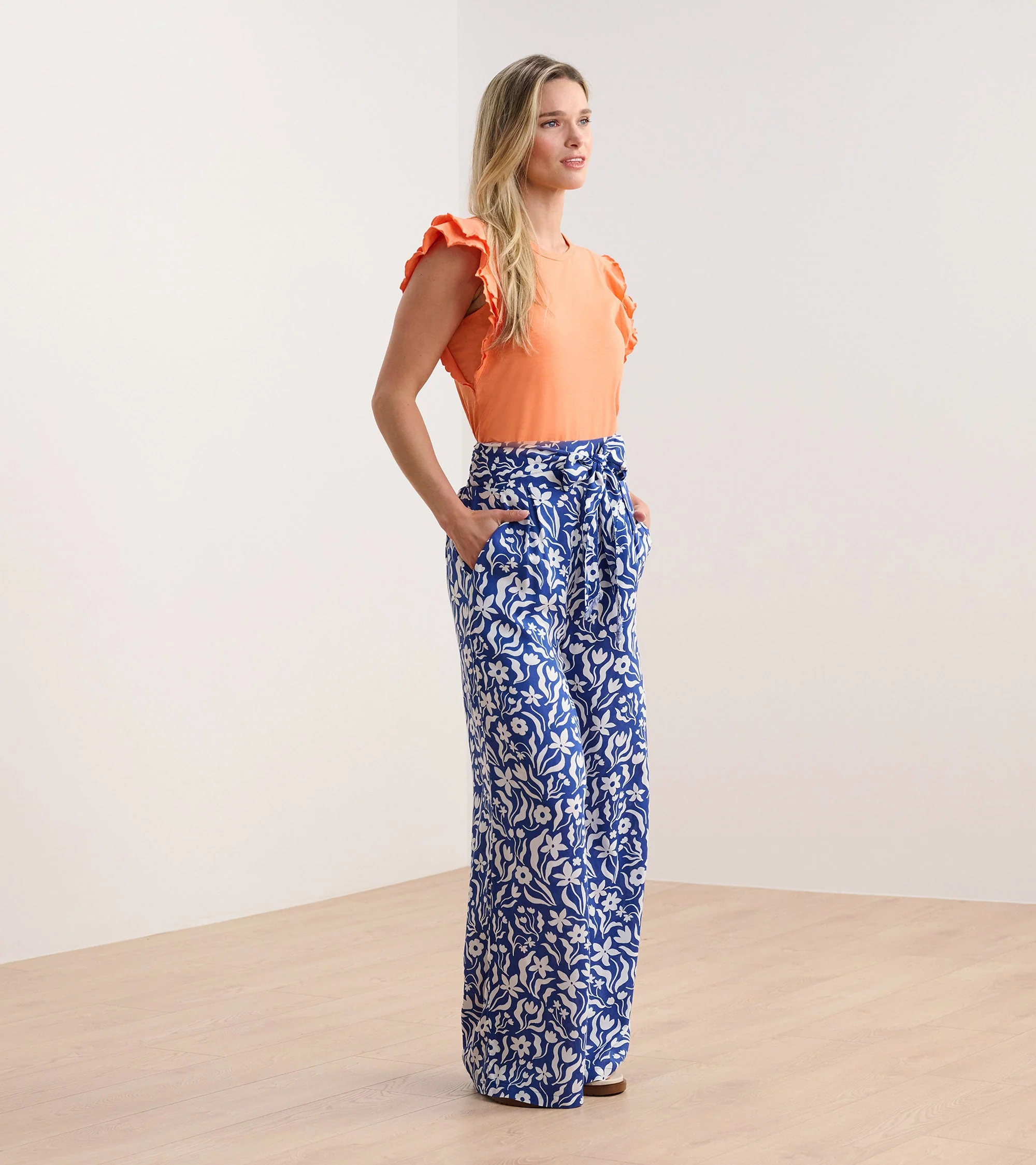 Belted Wide Leg Pants - Wavy Flowers - Image 4