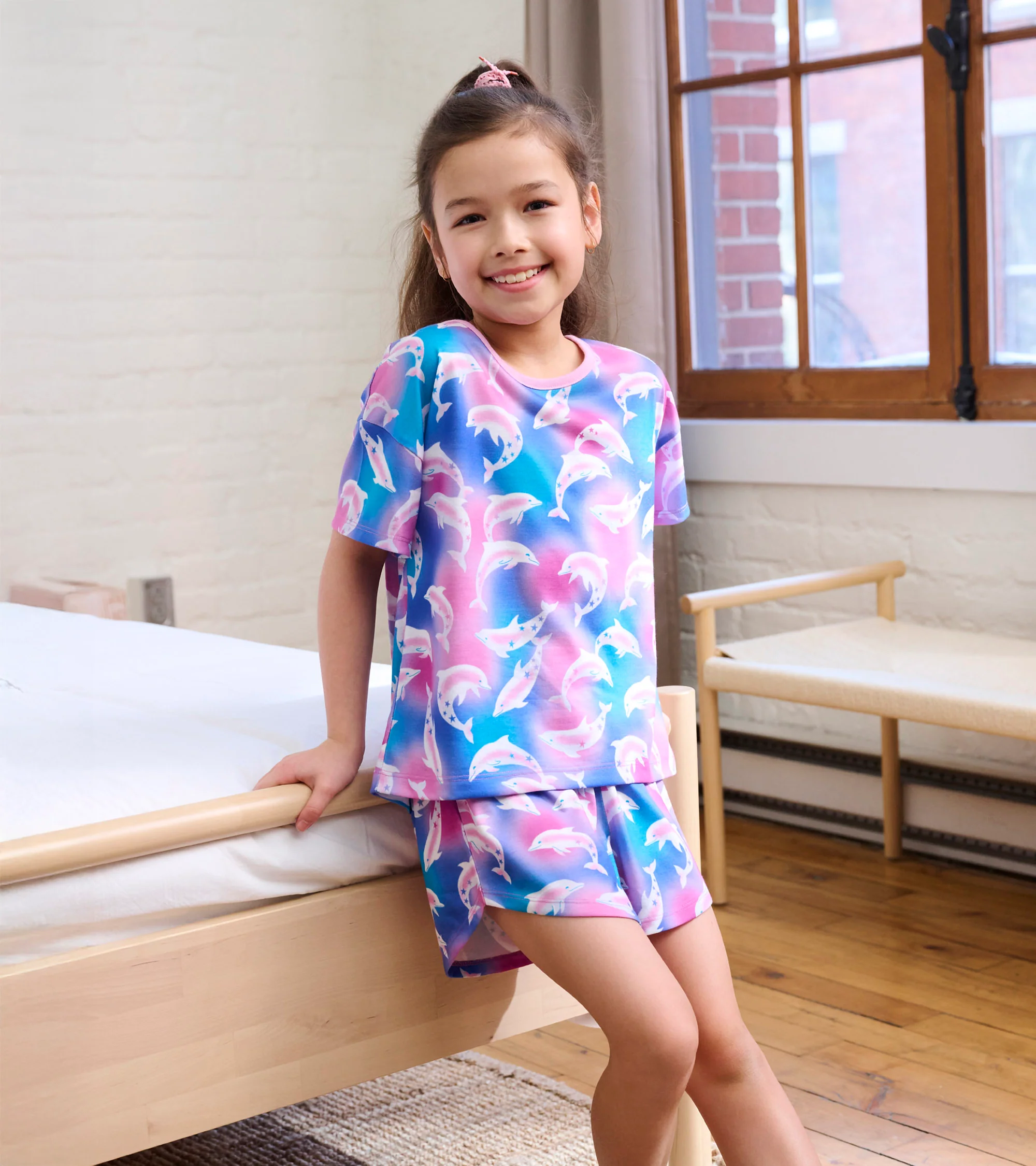 Girls Airbrush Dolphins Tee and Shorts Pajama Set - Image 2