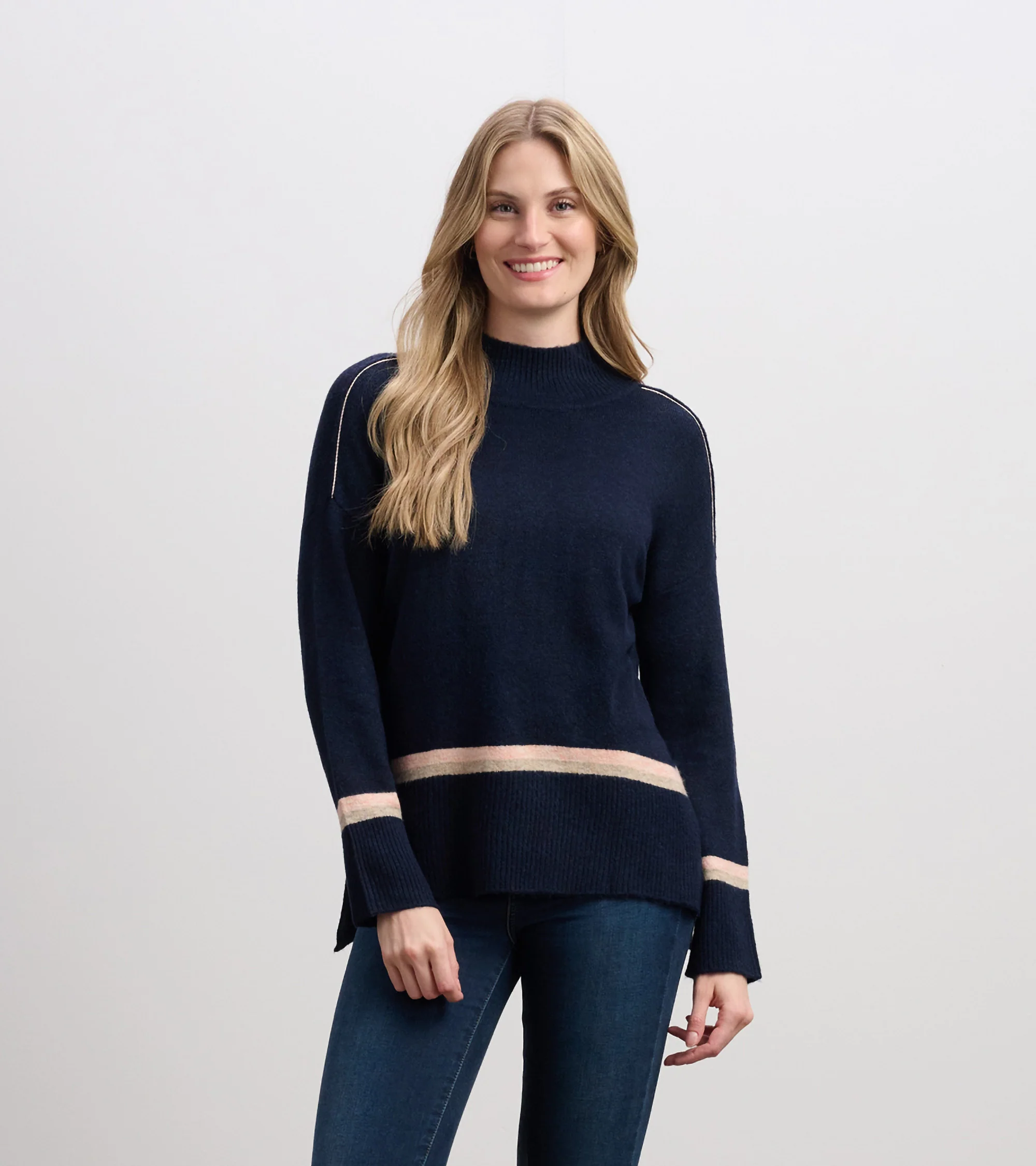Mock Neck Sweater - Navy Stripe