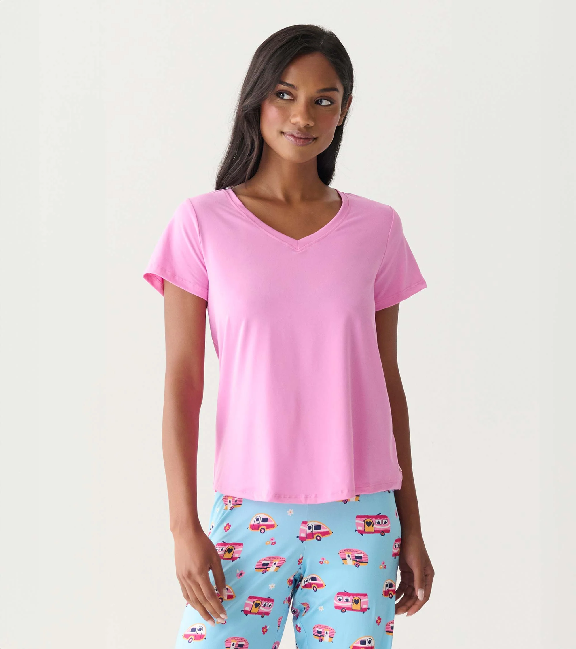 Women's Pink Polyknit V-Neck T-Shirt