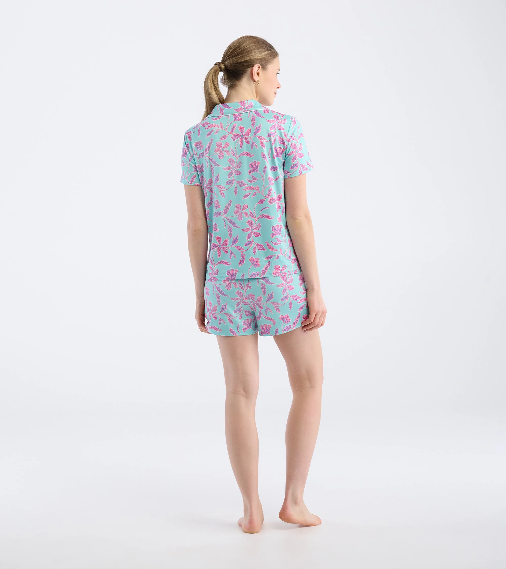 Women's Turquoise Batik Flowers Polyknit Short Pajama Set - Image 3